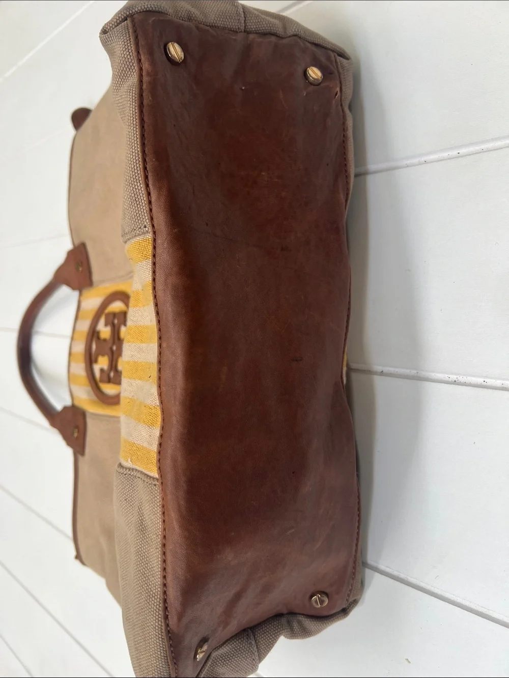 Tory Burch Ella Tote Canvas Bag Yellow Stripe and Brown Leather Trim Logo